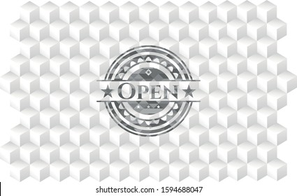 Open realistic grey emblem with cube white background
