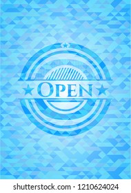 Open realistic light blue emblem. Mosaic background