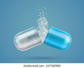 Open realistic medicine capsule. Medical pill. Half parts with cure granules. Treatment and health care. Prescription remedy. Painkiller or vitamin drug dose. Vector