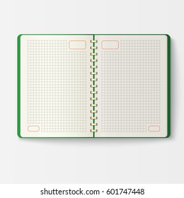 Open realistic notebook with pages diary office sheet template booklet and blank paper education copybook organizer vector illustration.