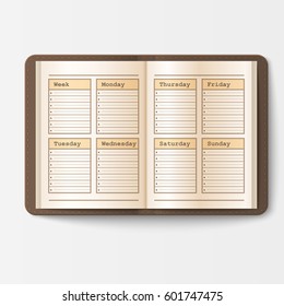 Open realistic notebook with pages diary office sheet template booklet and blank paper education copybook organizer vector illustration.