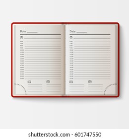 Open realistic notebook with pages diary office sheet template booklet and blank paper education copybook organizer vector illustration.