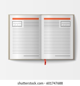 Open realistic notebook with pages diary office sheet template booklet and blank paper education copybook organizer vector illustration.
