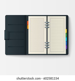 Open realistic notebook with pages diary office sheet template booklet and blank paper education copybook organizer vector illustration.