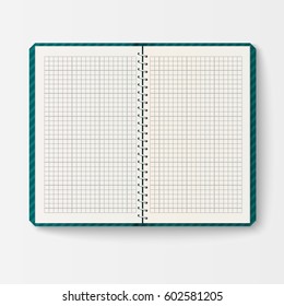 Open realistic notebook with pages diary office sheet template booklet and blank paper education copybook organizer vector illustration.