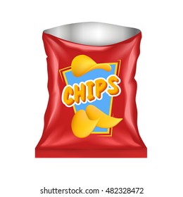 Open realistic red chips package with emblem and highlights isolated on white background vector illustration