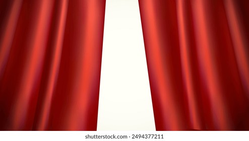 Open realistic red curtains horizontal banner. Red silk satin curtain background.