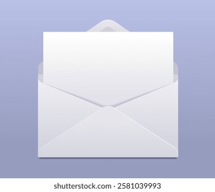 Open realistic white envelope with blank letter card inside on gray background. Vector template illustration