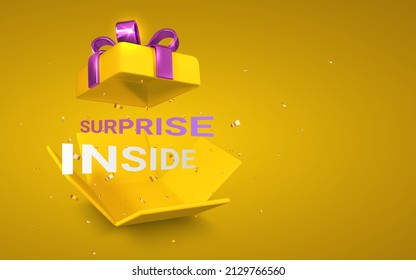 Open realistic yellow Gift Box with bow and ribbon on yellow background. Surprise inside. Vector illustration.