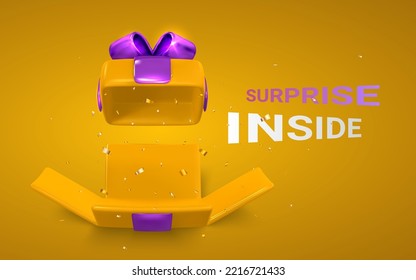 Open realistic yellow Gift Box with bow and ribbon on yellow background. Surprise inside. Vector illustration.