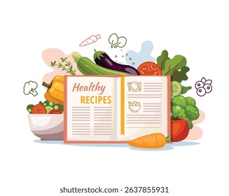 Open Recipe Book with Fresh Ingredients, and vegetables. Herbs and Spices on a white Background.