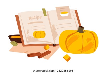 Open recipe book with fresh pumpkin, cinnamon sticks, pumpkin puree, and autumn cooking ingredients for seasonal recipes. Flat vector illustration pumpkin cooking ingredients.