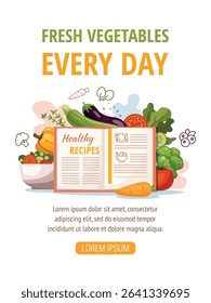 Open Recipe Book and Fresh Vegetables. Herbs and vegetables on a white background. Healthy food concept.
