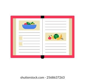 Open Recipe Book With Illustrated Ingredients In Flat Vector Illustration Symbolizing Cooking, Meal Preparation, And Culinary Skills, Isolated On White Background.