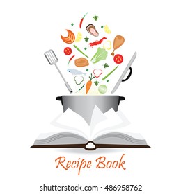 Open recipe book isolated on white with pot,vegetable and meat, conceptual flat design vector illustration.