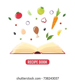  Open recipe book with pieces of food. Book of recipes, cookbook, best recipes. Vector illustration.