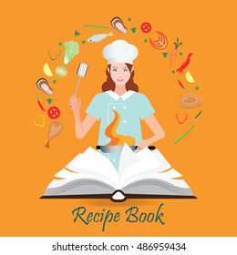 Open recipe book with woman cooking with pot,vegetable and meat, conceptual flat design vector illustration.