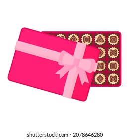 Open rectangular pink box of chocolate dessert or candy with icing for Valentine's Day.