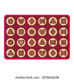 Open rectangular pink box of chocolates for Valentine's Day.