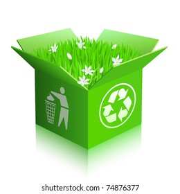 Cajero de reciclaje abierto con hierba y flores. Aislado