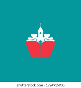 Open red book with castle. Isolated on blue background. Flat icon. Vector illustration. Magic, creative reading logo. Fairytale pictogram. Book for kids.