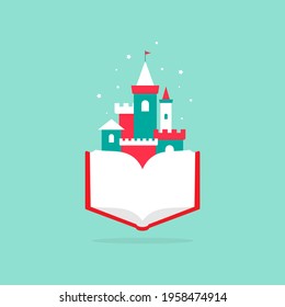 Open red book with castle. Isolated on blue background. Flat icon. Vector illustration. Magic, creative reading logo. Fairytale pictogram. Book for kids.