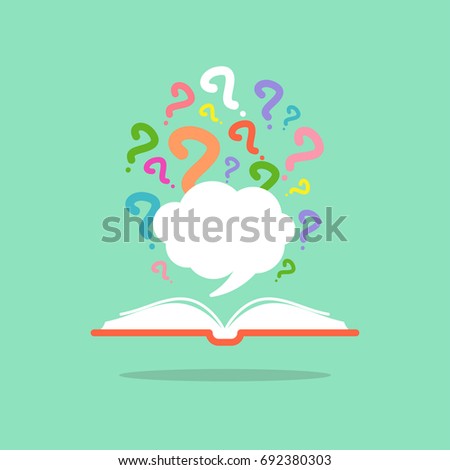 Open red  book with colorful question marks flying out and speech bubble. Isolated on white background. Flat vector reading icon. Quotation book pictogram. Ask symbol. Curiosity logo.