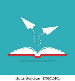 Open red book with paper planes flying out. Isolated on blue background. Flat vector reading icon. Education logo. Library pictogram. Knowledge, quote