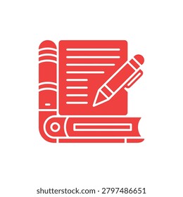 An open red book with a pen resting on top represents education study notes and learning materials for students and professionals