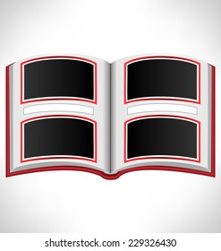 Open red book with photo frames and space for text on grayscale background