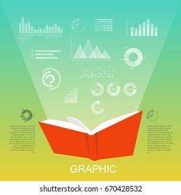 Open red book that lighten column charts, round and triangular diagrams on light green background. Vector illustration of white diagrams, paper book and informative text near book in flat style