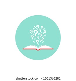 Open red book with white question marks flying out in powder blue circle. Knowledge, study, learning icon isolated on white background. Flat vector reading icon. Ask symbol. Curiosity logo.