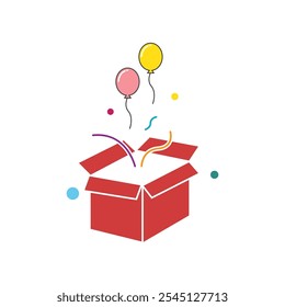 Open red box, balloons, confetti, celebration. Perfect for party invitations