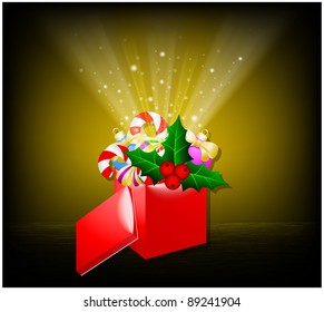 The open red box with gifts on a vintage background