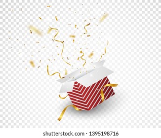 Open red box with gold confetti explosion