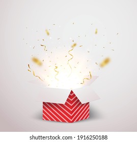 Open red box with gold confetti explosion