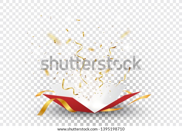 Open red box with\
gold confetti explosion