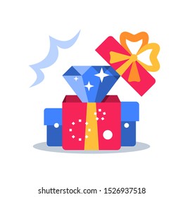Open red box with yellow ribbon, surprise gift and diamond, special reward, prize giveaway, loyalty present, bonus program, creative idea, vector flat design illustration