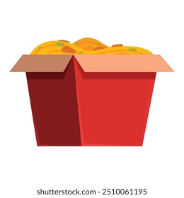 Caixa de papelão vermelha aberta cheia de macarrão de trabalho com vegetais e frango vista isométrica isolada sobre fundo branco