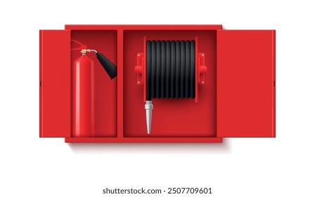 Open red cupboard fire fighting equipment warning emergency service realistic vector illustration. Flame firefighting assistance security urgency burning protection cabinet with hose and extinguisher