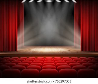 Open Red Curtain And Empty Illuminated Theatrical Scene Realistic Vector Illustration. Grand Opening Concept, Performance Or Event Premiere Poster, Announcement Banner Template With Theater Stage