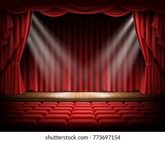Open red curtain and empty illuminated theatrical scene realistic vector illustration. Grand opening concept, performance or event premiere poster, announcement banner template with theater stage