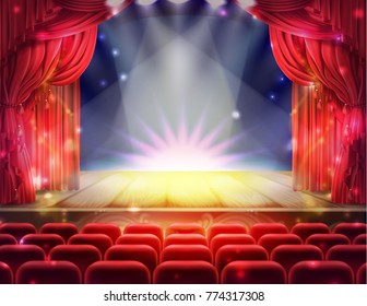 Open red curtain and empty illuminated theatrical stage with falling sparks, confetti realistic vector. Grand opening concept, performance or event premiere poster, announcement banner template