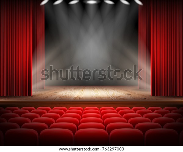 Open red curtain and empty illuminated theatrical\
scene realistic vector illustration. Grand opening concept,\
performance or event premiere poster, announcement banner template\
with theater stage