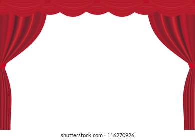 open red curtain over white