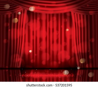 Open Red Curtains with Neon Lights and Copy Space. Vector Illustration. Theater, Opera or Cinema Scene. Light on a Floor