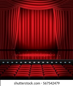 Open Red Curtains with Seats and Copy Space. Vector Illustration. Theater, Opera or Cinema Scene. Light on a Floor.