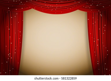 open red curtains theater background with glittering stars. Movie or other presentation design template. vector