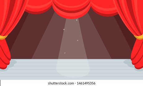 Open red curtains theater or ballet dance scene with price, curtains and scenery flat style design vector illustration.