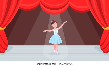 Open red curtains theater or ballet dance scene with price, curtains, scenery and young beautiful ballerina dressed in tutu and pointe shoes standing at the pose flat style design vector illustration.